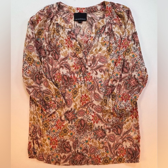 Cynthia Rowley Paisley V Neck Pullover Blouse 3/4 Sleeve Fall Colors Size Small - Picture 1 of 5